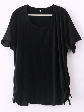 Black Ribbed Top 4XL Loose Fit Short Sleeve Side Tie Casual Plus Size